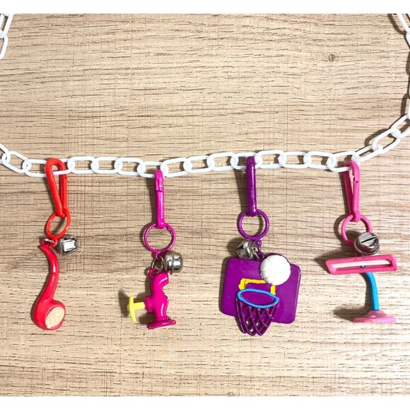 Vtg Plastic Charms Bell Clip Set of 4 Lamp Basketball Pipe White Chain Necklace - Picture 8 of 9